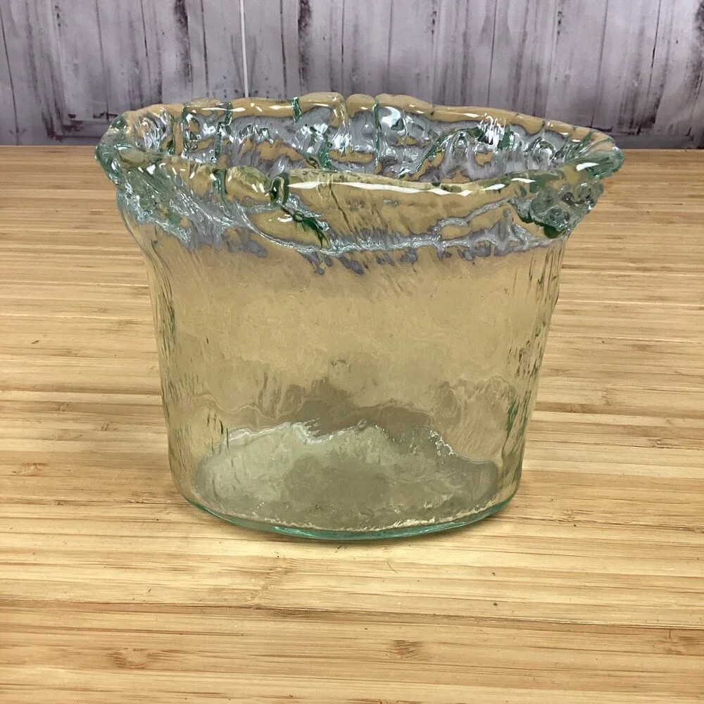 Hand Blown Glass Vase Green Tint Waves Ice